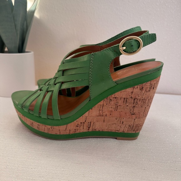 Franco Sarto Sylvie Green Multi-Stap Leather Cork Wedge Sandals Women’s 8.5M - Picture 3 of 10